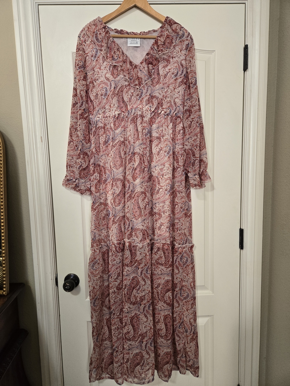 Boho Paisley Ruffle V‑Neck Maxi Dress in Blush Pink Cottage Core Feminine Flowy